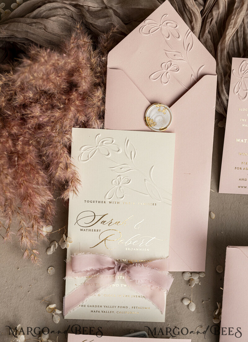 Choose a nostalgic palette of pinks and shimmering gold to create your elegant wedding. Bespoke Embossed Blind Blush Pink Gold Wedding Invitation.-16