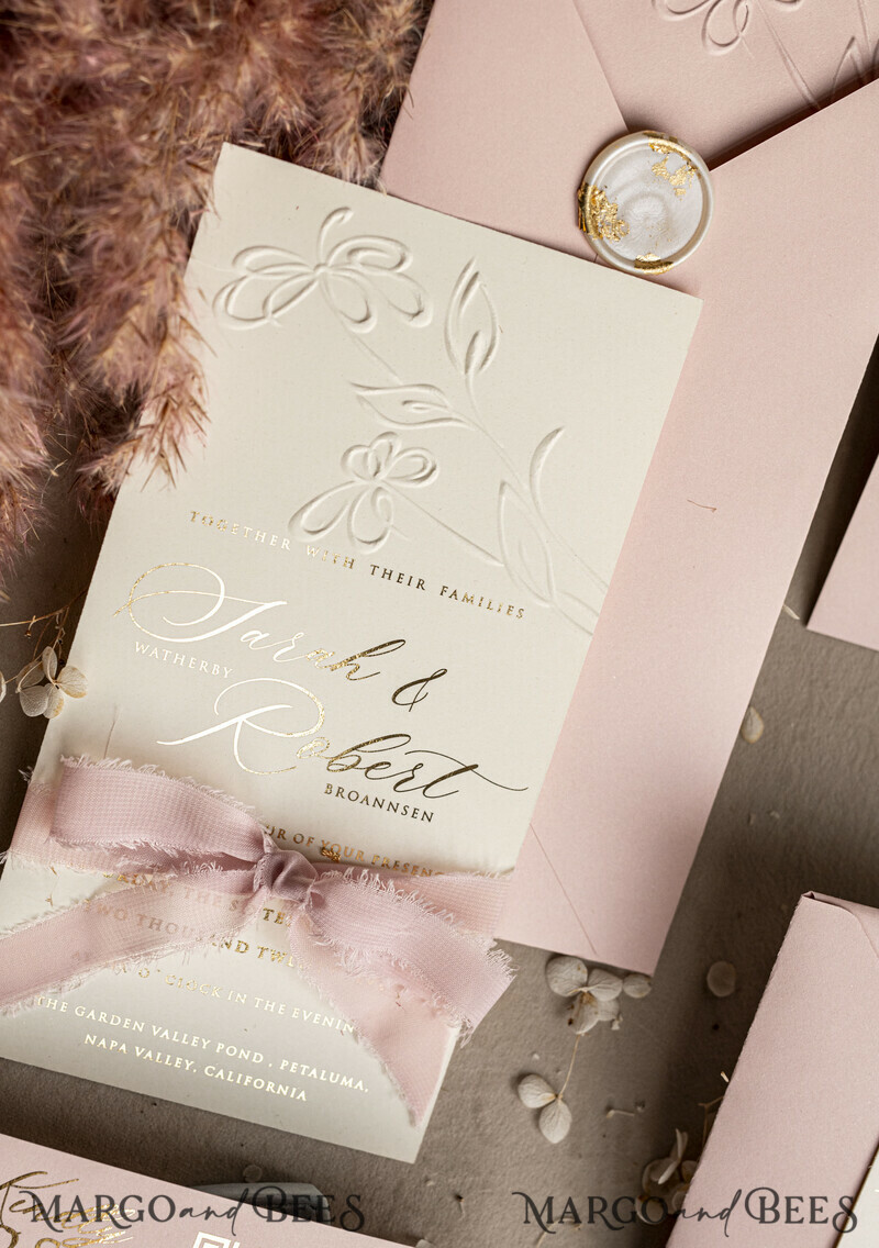 Choose a nostalgic palette of pinks and shimmering gold to create your elegant wedding. Bespoke Embossed Blind Blush Pink Gold Wedding Invitation.-17