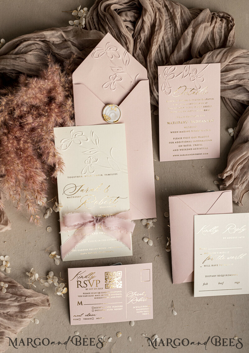 Choose a nostalgic palette of pinks and shimmering gold to create your elegant wedding. Bespoke Embossed Blind Blush Pink Gold Wedding Invitation.-0