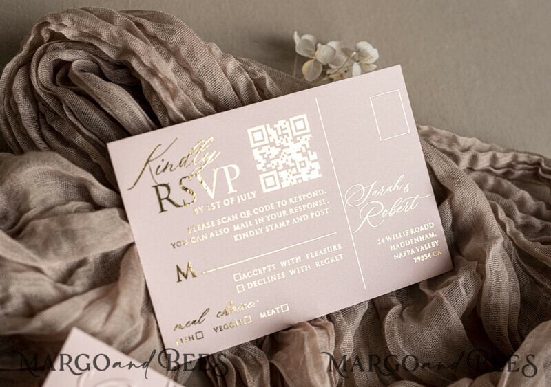 Choose a nostalgic palette of pinks and shimmering gold to create your elegant wedding. Bespoke Embossed Blind Blush Pink Gold Wedding Invitation.-5