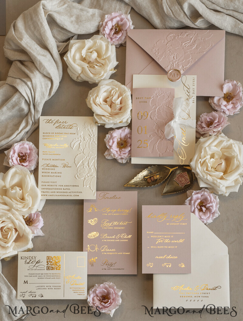 Blush Gold Wedding Invitation with chiffon torn bow, Wrapping Golden Elegant Roses Floral Wedding Invitation with 3D embossed flowers-1