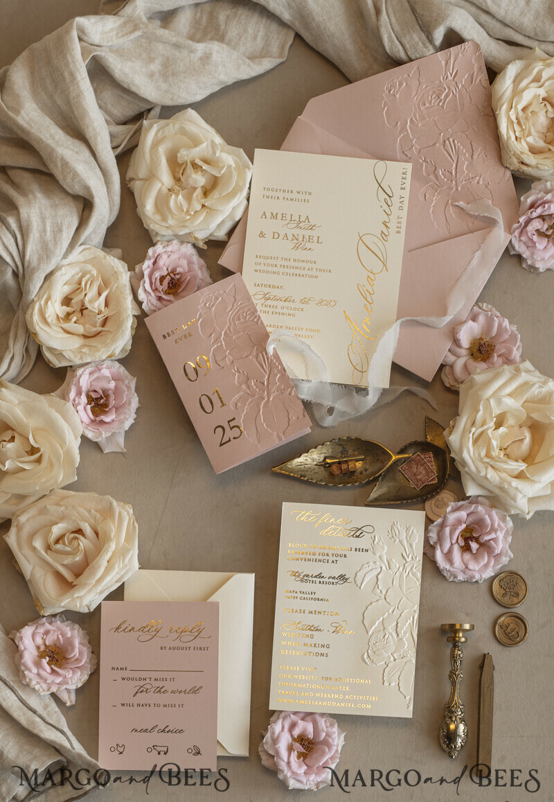 Blush Gold Wedding Invitation with chiffon torn bow, Wrapping Golden Elegant Roses Floral Wedding Invitation with 3D embossed flowers-10