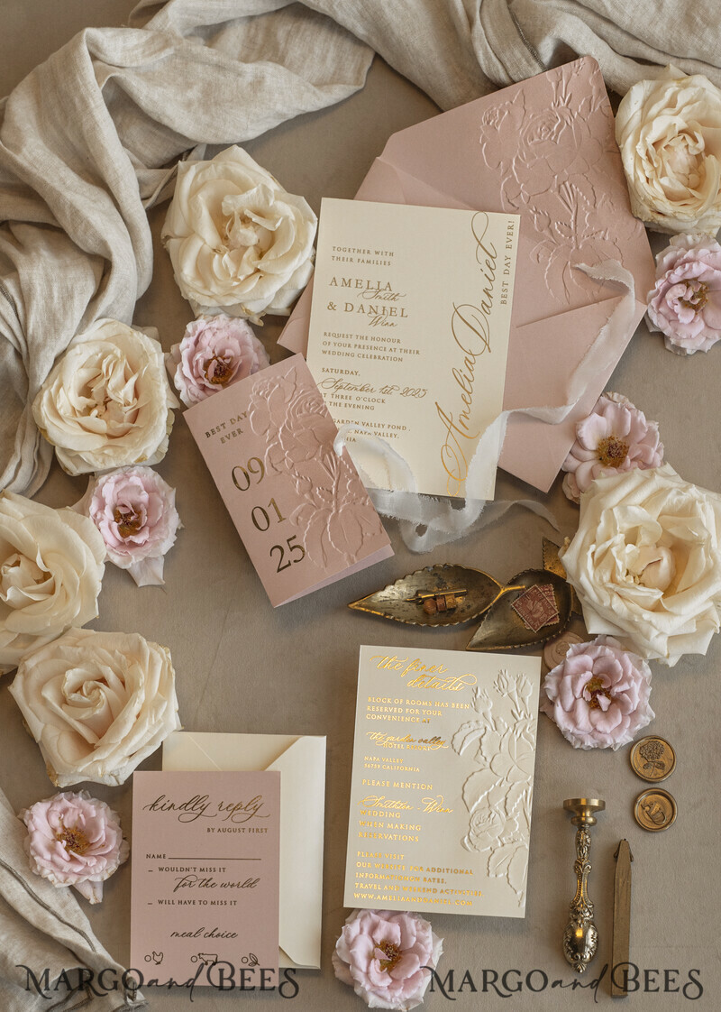 Blush Gold Wedding Invitation with chiffon torn bow, Wrapping Golden Elegant Roses Floral Wedding Invitation with 3D embossed flowers-11