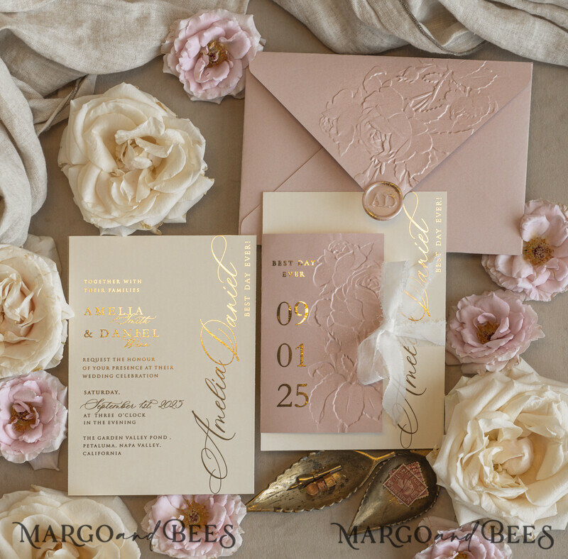 Blush Gold Wedding Invitation with chiffon torn bow, Wrapping Golden Elegant Roses Floral Wedding Invitation with 3D embossed flowers-12