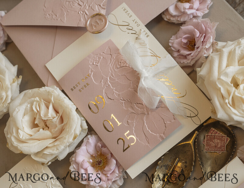 Blush Gold Wedding Invitation with chiffon torn bow, Wrapping Golden Elegant Roses Floral Wedding Invitation with 3D embossed flowers-13