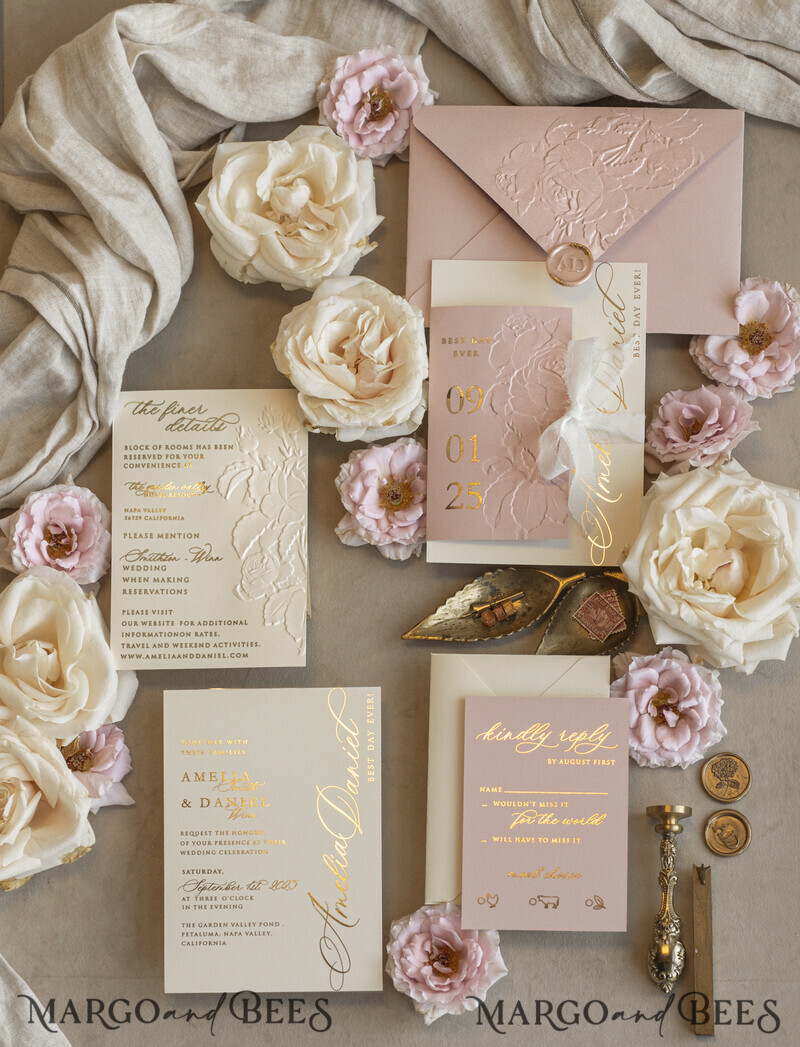 Blush Gold Wedding Invitation with chiffon torn bow, Wrapping Golden Elegant Roses Floral Wedding Invitation with 3D embossed flowers-14