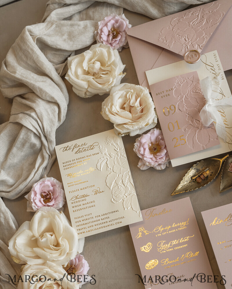 Blush Gold Wedding Invitation with chiffon torn bow, Wrapping Golden Elegant Roses Floral Wedding Invitation with 3D embossed flowers-15