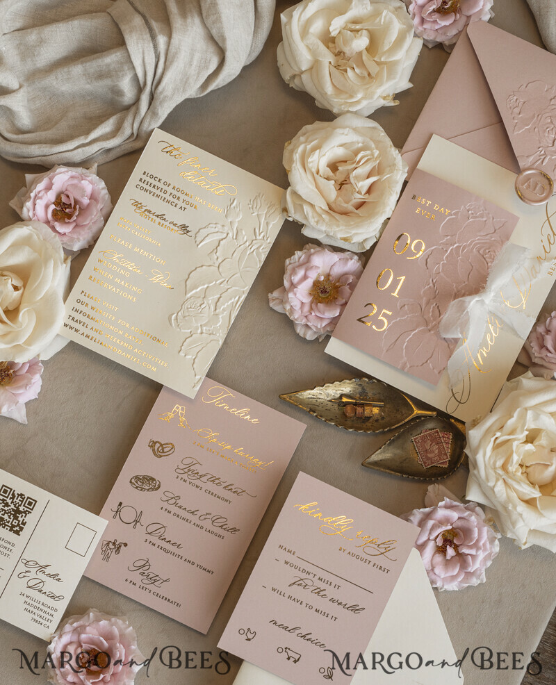 Blush Gold Wedding Invitation with chiffon torn bow, Wrapping Golden Elegant Roses Floral Wedding Invitation with 3D embossed flowers-16