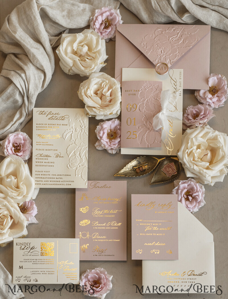 Blush Gold Wedding Invitation with chiffon torn bow, Wrapping Golden Elegant Roses Floral Wedding Invitation with 3D embossed flowers-17