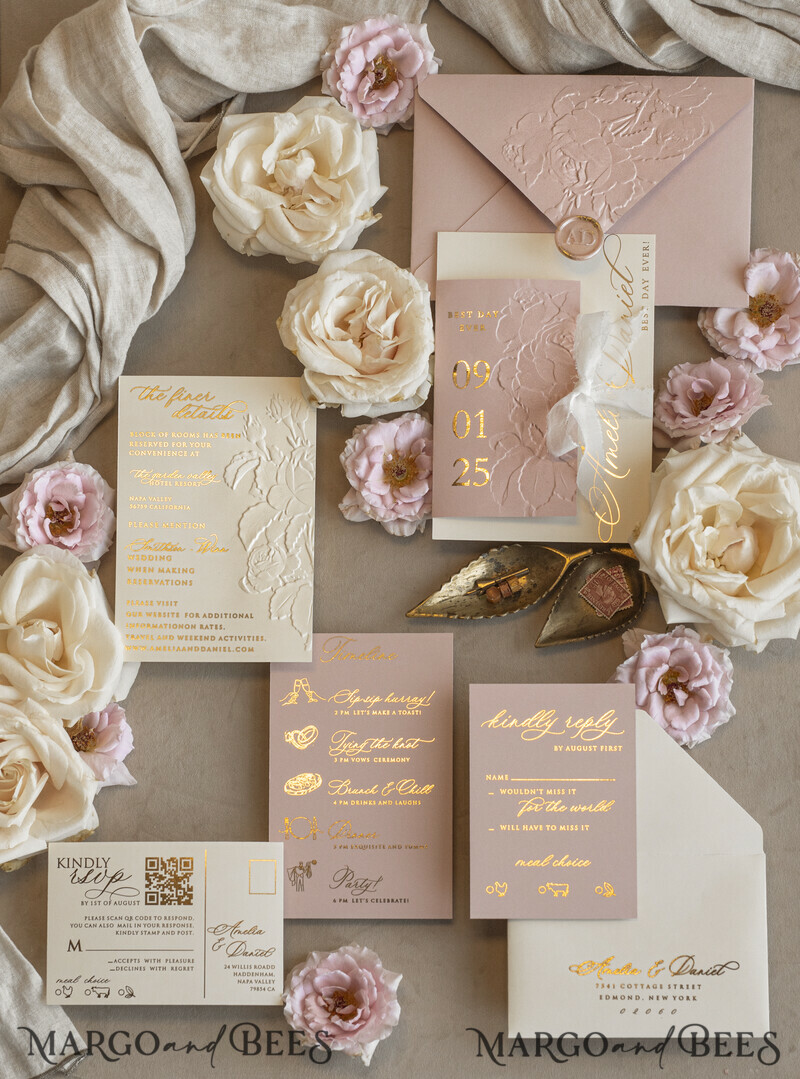 Blush Gold Wedding Invitation with chiffon torn bow, Wrapping Golden Elegant Roses Floral Wedding Invitation with 3D embossed flowers-18