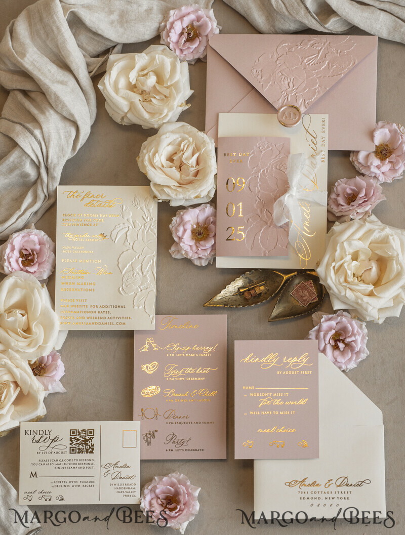 Blush Gold Wedding Invitation with chiffon torn bow, Wrapping Golden Elegant Roses Floral Wedding Invitation with 3D embossed flowers-19