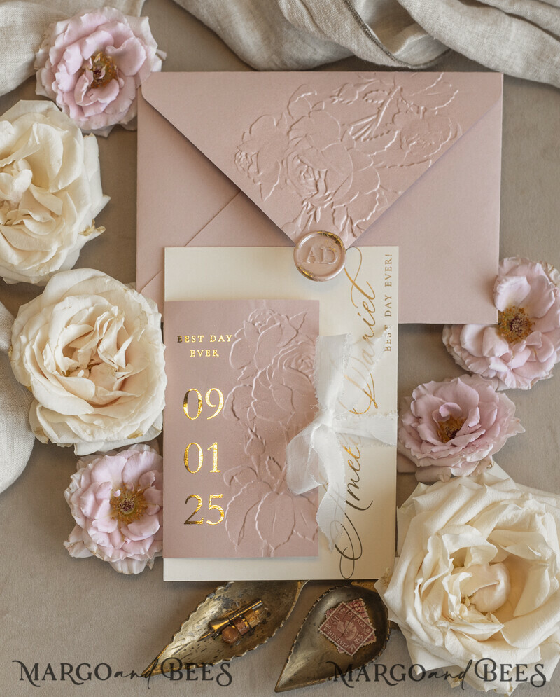 Blush Gold Wedding Invitation with chiffon torn bow, Wrapping Golden Elegant Roses Floral Wedding Invitation with 3D embossed flowers-20