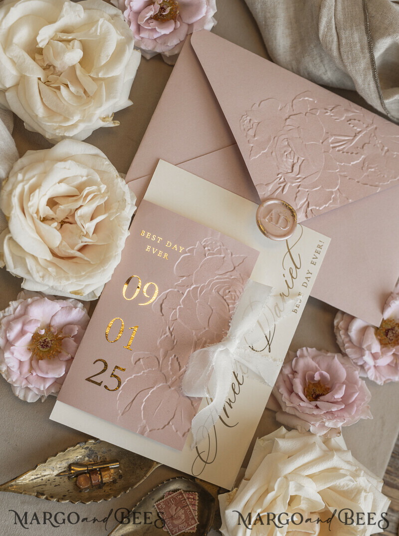 Blush Gold Wedding Invitation with chiffon torn bow, Wrapping Golden Elegant Roses Floral Wedding Invitation with 3D embossed flowers-21