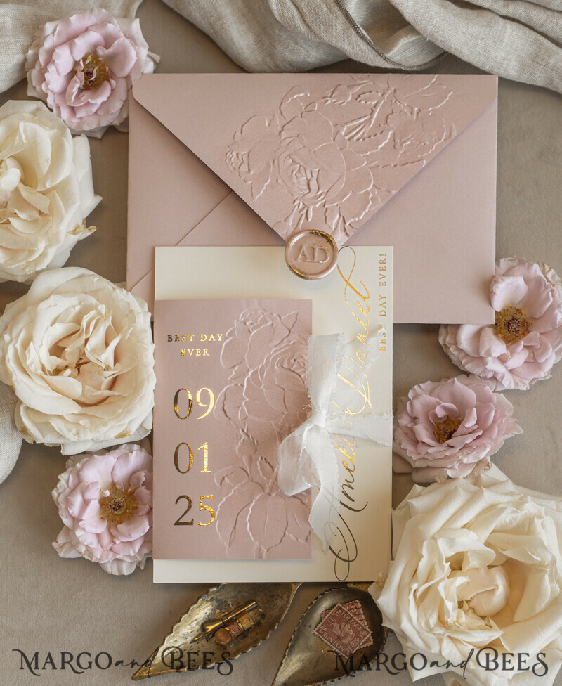 Blush Gold Wedding Invitation with chiffon torn bow, Wrapping Golden Elegant Roses Floral Wedding Invitation with 3D embossed flowers-22