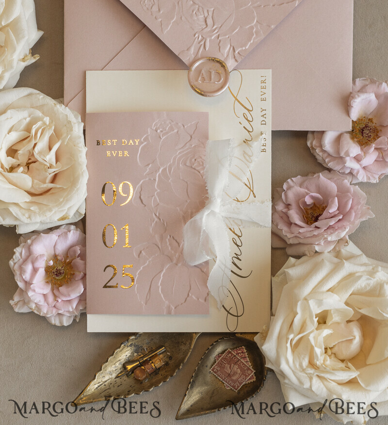 Blush Gold Wedding Invitation with chiffon torn bow, Wrapping Golden Elegant Roses Floral Wedding Invitation with 3D embossed flowers-23