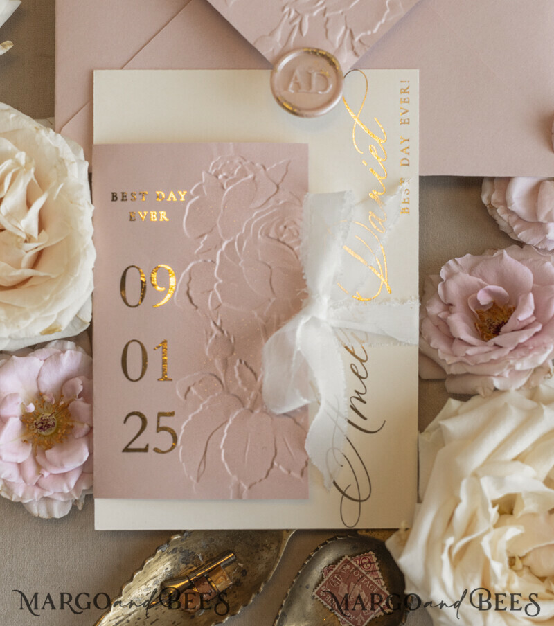 Blush Gold Wedding Invitation with chiffon torn bow, Wrapping Golden Elegant Roses Floral Wedding Invitation with 3D embossed flowers-24