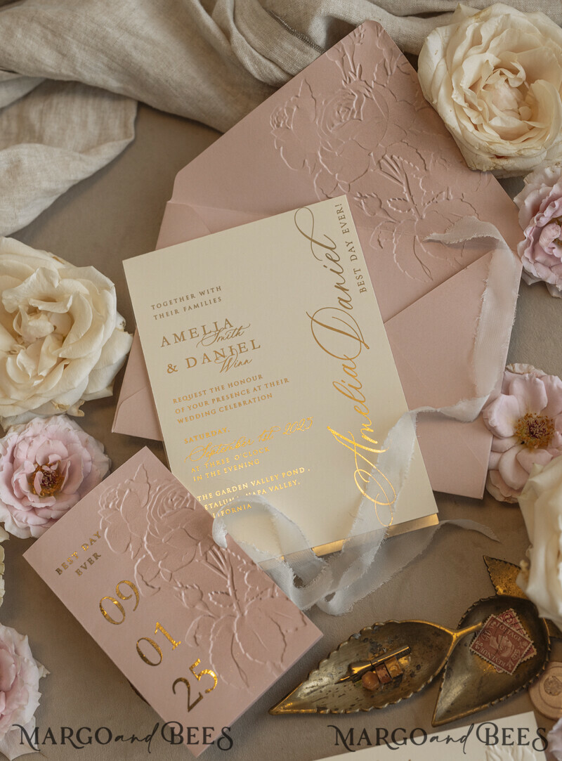 Blush Gold Wedding Invitation with chiffon torn bow, Wrapping Golden Elegant Roses Floral Wedding Invitation with 3D embossed flowers-3