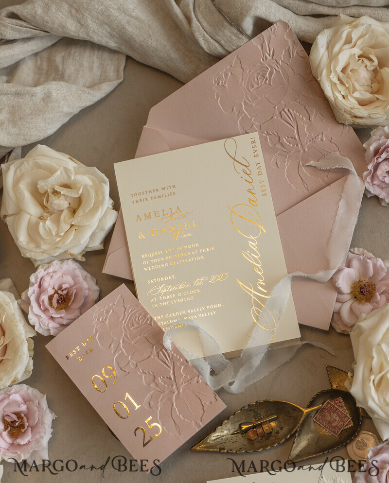 Blush Gold Wedding Invitation with chiffon torn bow, Wrapping Golden Elegant Roses Floral Wedding Invitation with 3D embossed flowers-5