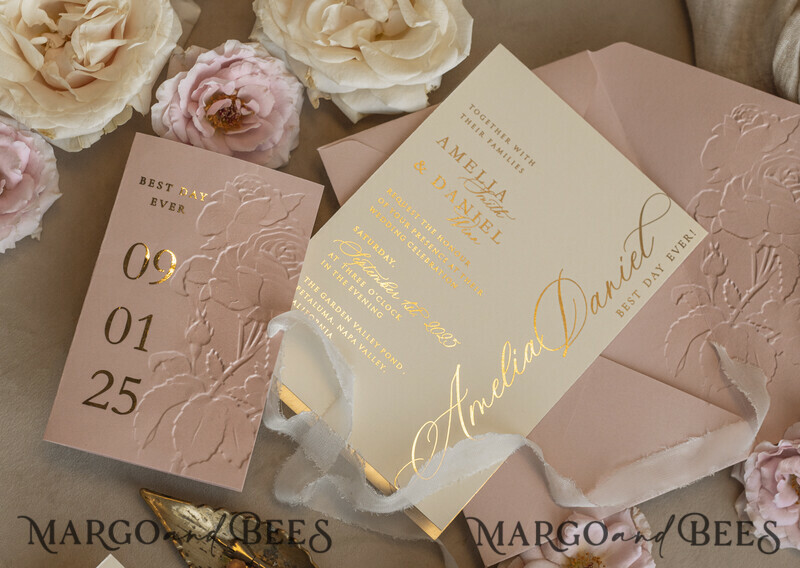 Blush Gold Wedding Invitation with chiffon torn bow, Wrapping Golden Elegant Roses Floral Wedding Invitation with 3D embossed flowers-6