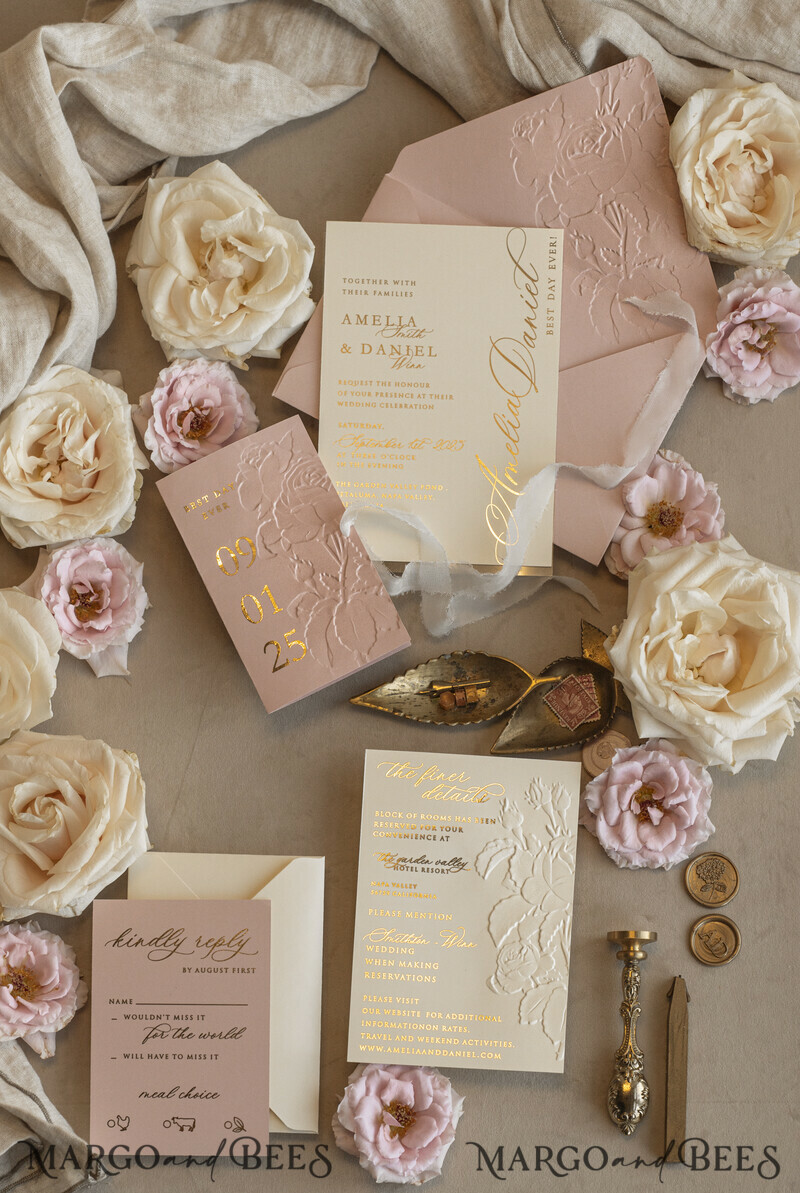 Blush Gold Wedding Invitation with chiffon torn bow, Wrapping Golden Elegant Roses Floral Wedding Invitation with 3D embossed flowers-7