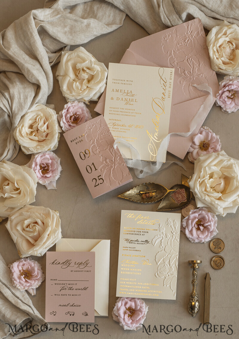 Blush Gold Wedding Invitation with chiffon torn bow, Wrapping Golden Elegant Roses Floral Wedding Invitation with 3D embossed flowers-9