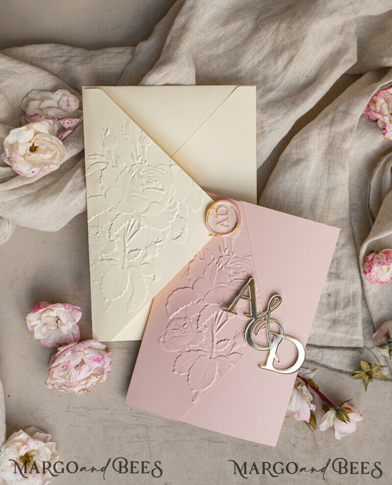 Folder Embossed Ivory Gold Wedding Invitation, Golden deboss Roses Floral Wedding Invitation with mirror Monogram-2