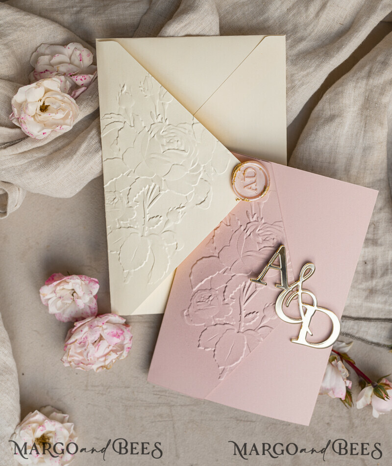 Folder Embossed Ivory Gold Wedding Invitation, Golden deboss Roses Floral Wedding Invitation with mirror Monogram-3