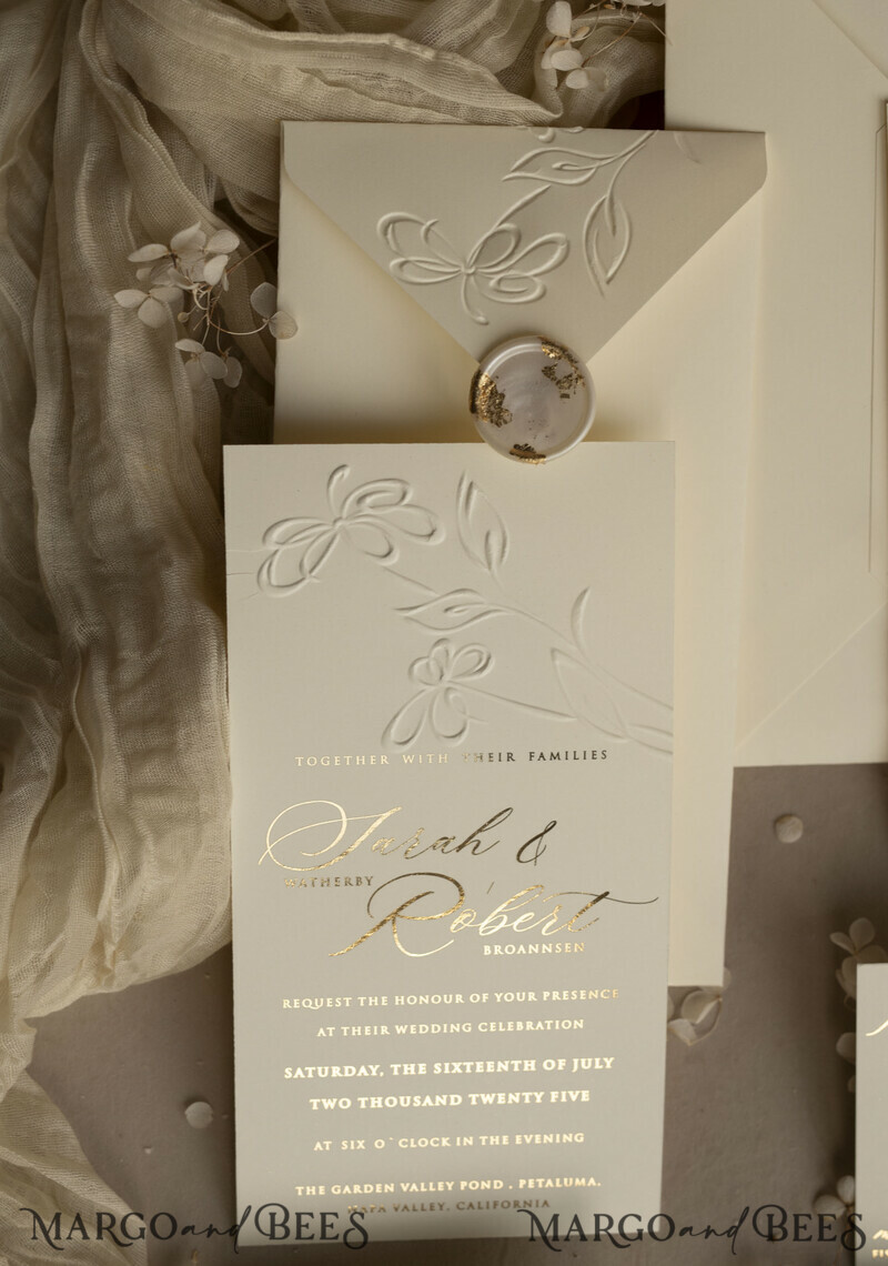  Golden Ecru deboss Floral Wedding Invitation, Modern Garden Debossed Invitation suite-14