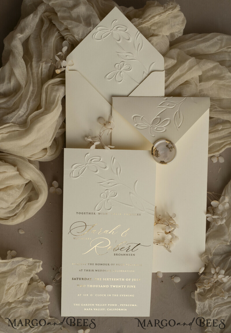  Golden Ecru deboss Floral Wedding Invitation, Modern Garden Debossed Invitation suite-8