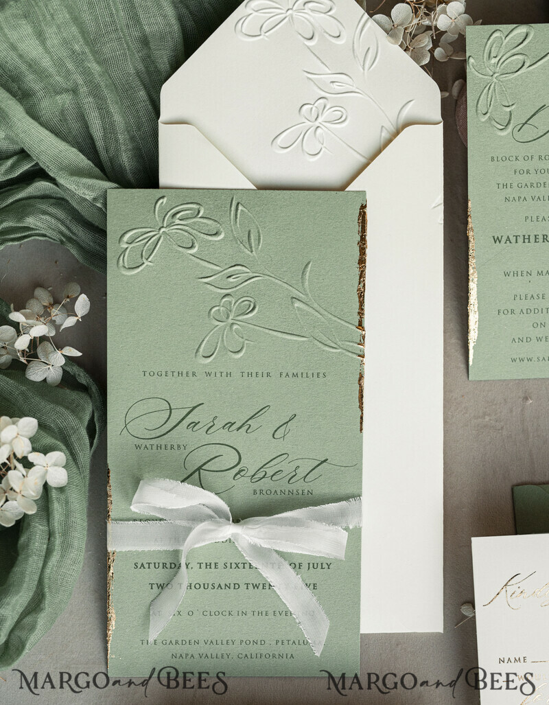 Bespoke Embossed Blind Sage green Gold Wedding Invitation, Golden greenery deboss Floral Wedding Invitation, Modern Garden Debossed Invitation suite-10