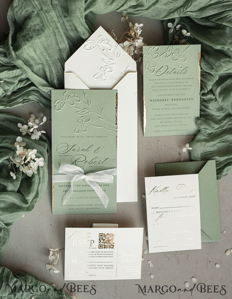 Bespoke Embossed Blind Sage green Gold Wedding Invitation, Golden greenery deboss Floral Wedding Invitation, Modern Garden Debossed Invitation suite-11