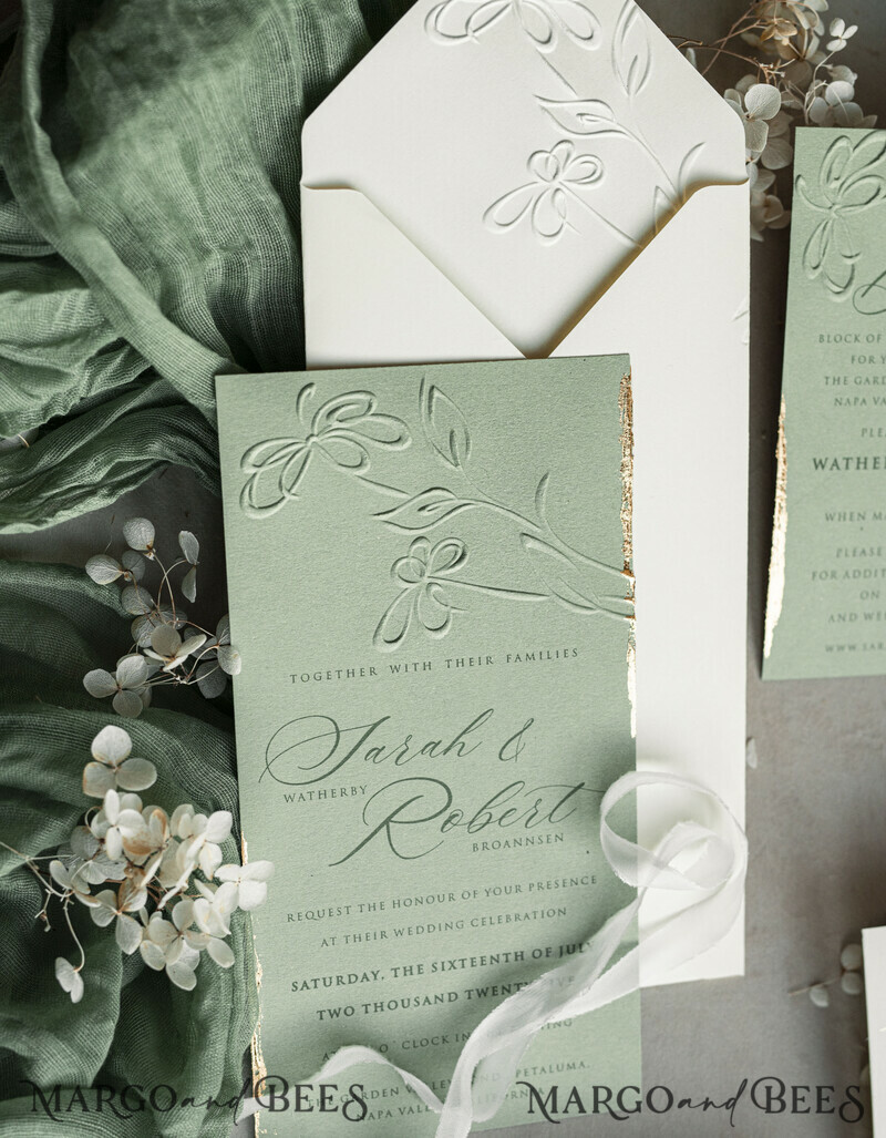 Bespoke Embossed Blind Sage green Gold Wedding Invitation, Golden greenery deboss Floral Wedding Invitation, Modern Garden Debossed Invitation suite-13