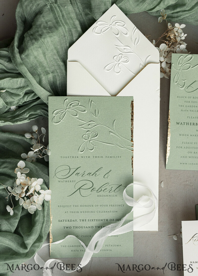 Bespoke Embossed Blind Sage green Gold Wedding Invitation, Golden greenery deboss Floral Wedding Invitation, Modern Garden Debossed Invitation suite-16