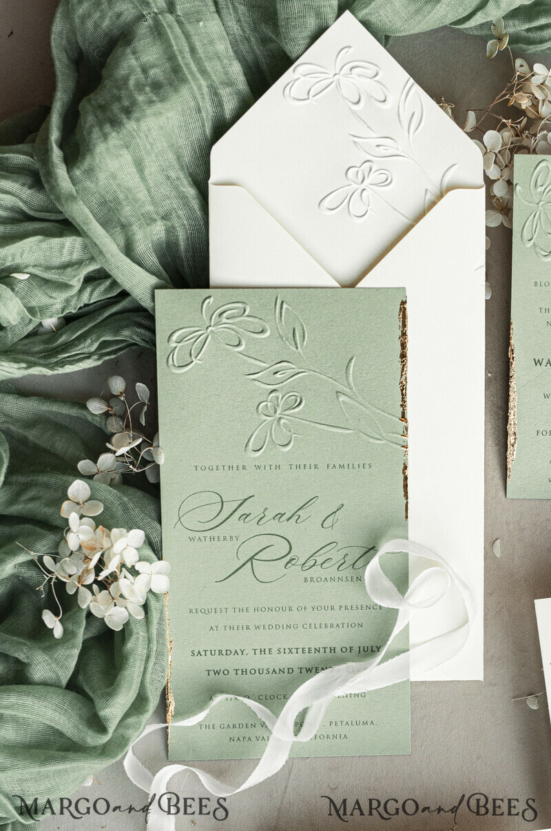 Bespoke Embossed Blind Sage green Gold Wedding Invitation, Golden greenery deboss Floral Wedding Invitation, Modern Garden Debossed Invitation suite-21