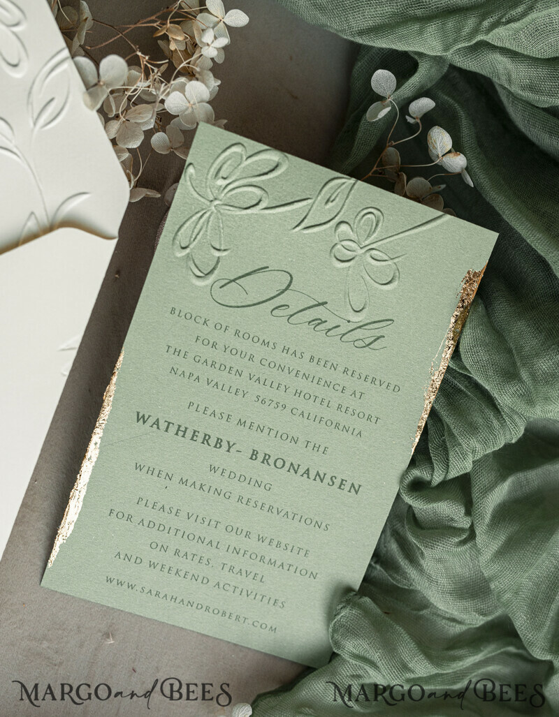 Bespoke Embossed Blind Sage green Gold Wedding Invitation, Golden greenery deboss Floral Wedding Invitation, Modern Garden Debossed Invitation suite-5