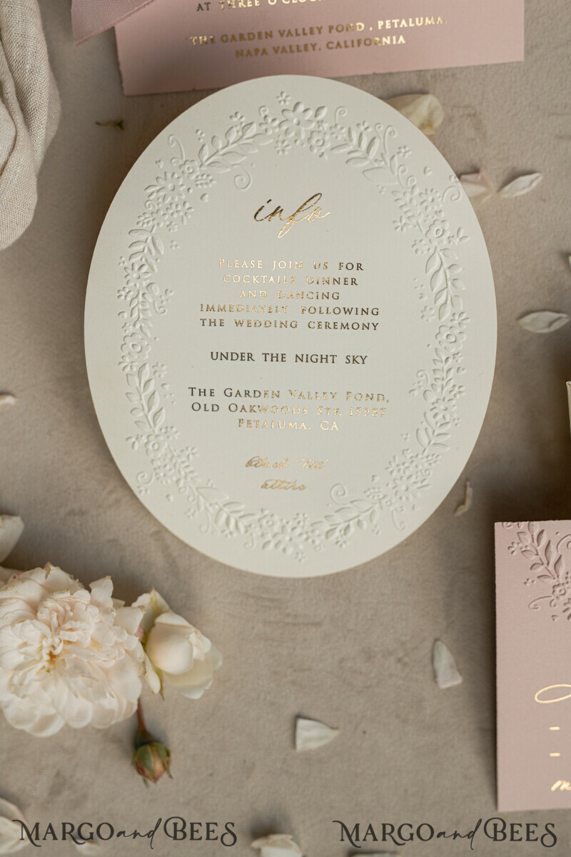 Fine Art Embossed Blind Ivory Gold Wedding Invitation, Golden deboss Floral Wedding Invitation, Boho Ecru Debossed Invitation suite, Cotton paper wedding invitation suite with mirror heart-10