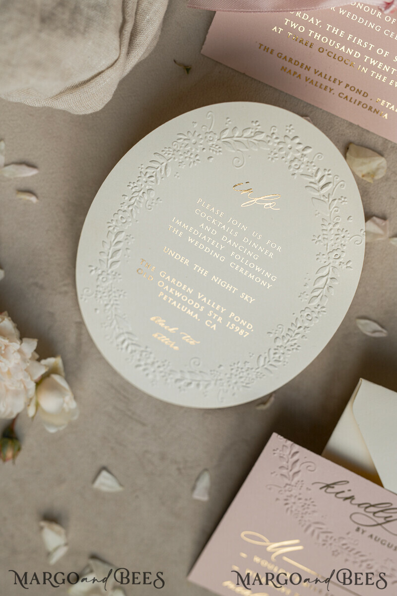 Fine Art Embossed Blind Ivory Gold Wedding Invitation, Golden deboss Floral Wedding Invitation, Boho Ecru Debossed Invitation suite, Cotton paper wedding invitation suite with mirror heart-11