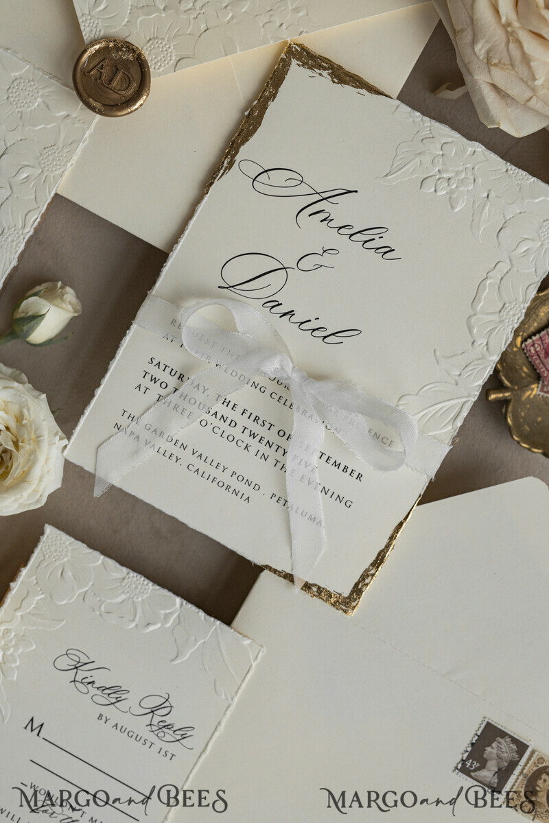 Fine Art Embossed Blind Ivory Gold Wedding Invitation, Golden deboss Floral Wedding Invitation, Boho Ecru Debossed Invitation suite, Cotton paper wedding invitation suite with mirror heart-1