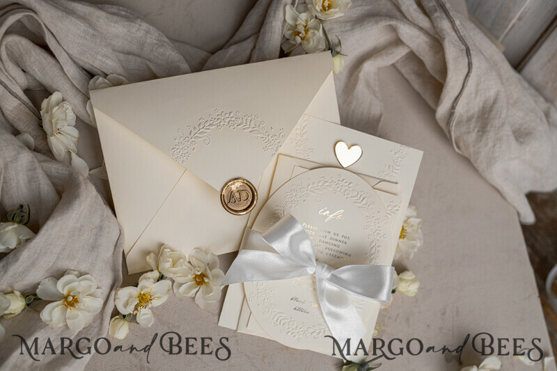 Fine Art Embossed Blind Ivory Gold Wedding Invitation, Golden deboss Floral Wedding Invitation, Boho Ecru Debossed Invitation suite, Cotton paper wedding invitation suite with mirror heart
-1