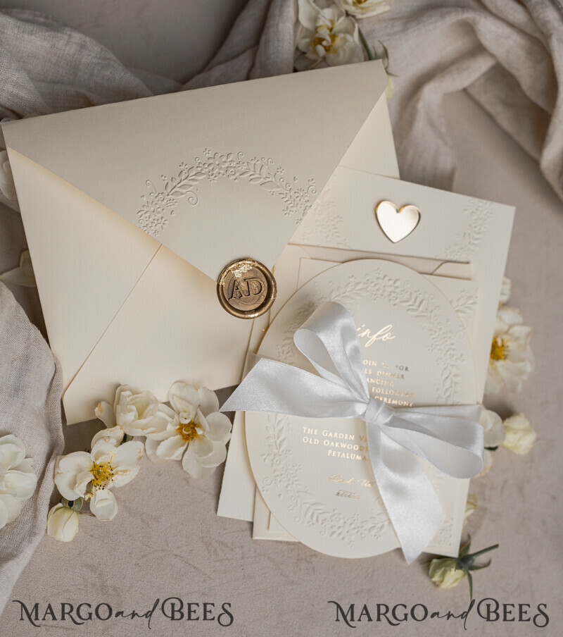 Fine Art Embossed Blind Ivory Gold Wedding Invitation, Golden deboss Floral Wedding Invitation, Boho Ecru Debossed Invitation suite, Cotton paper wedding invitation suite with mirror heart
-3