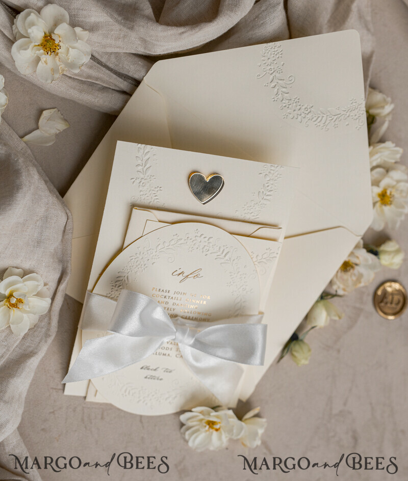 Fine Art Embossed Blind Ivory Gold Wedding Invitation, Golden deboss Floral Wedding Invitation, Boho Ecru Debossed Invitation suite, Cotton paper wedding invitation suite with mirror heart
-4