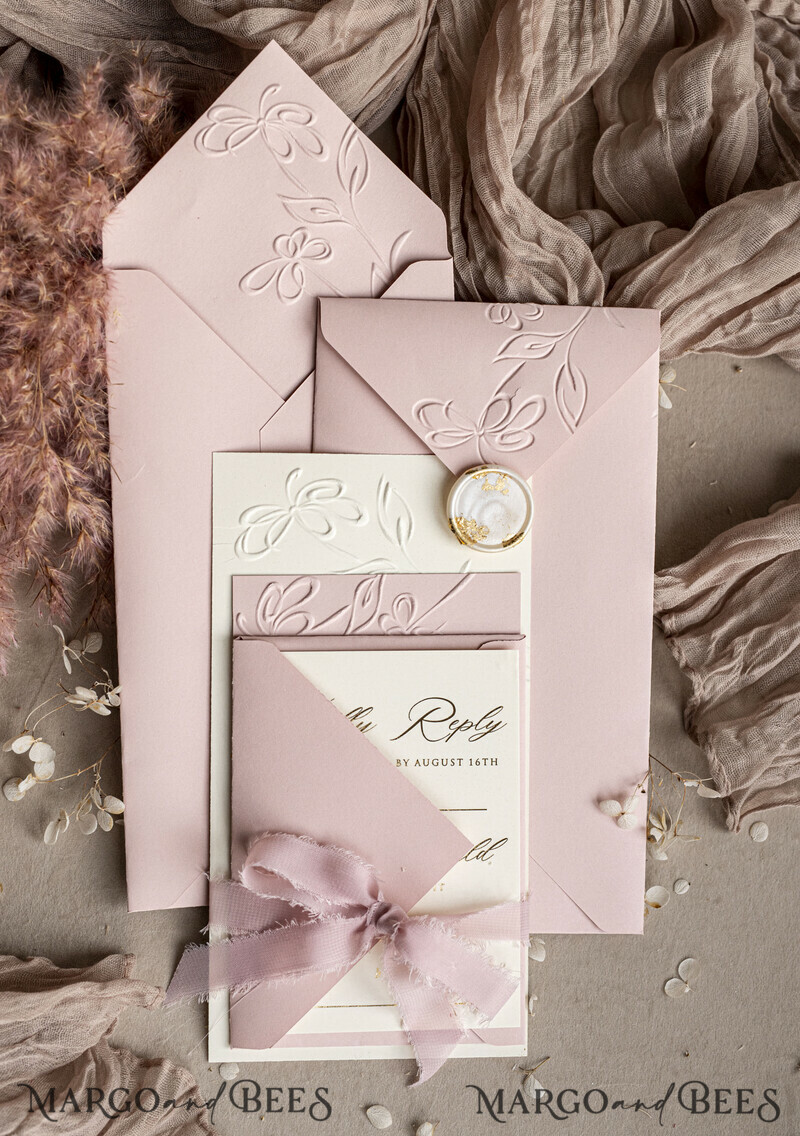 Blush Pink is a beautiful and romantic color that is perfect for a wedding. It is a vivid and bold hue that can be used to create a distinguished look. Blush Pink is a beautiful and romantic color that is perfect for a wedding. It is a vivid and bold hue that can be used to create a distinguished look. Personalised Embossed Blind Blush Pink Gold Wedding Invitation.-13