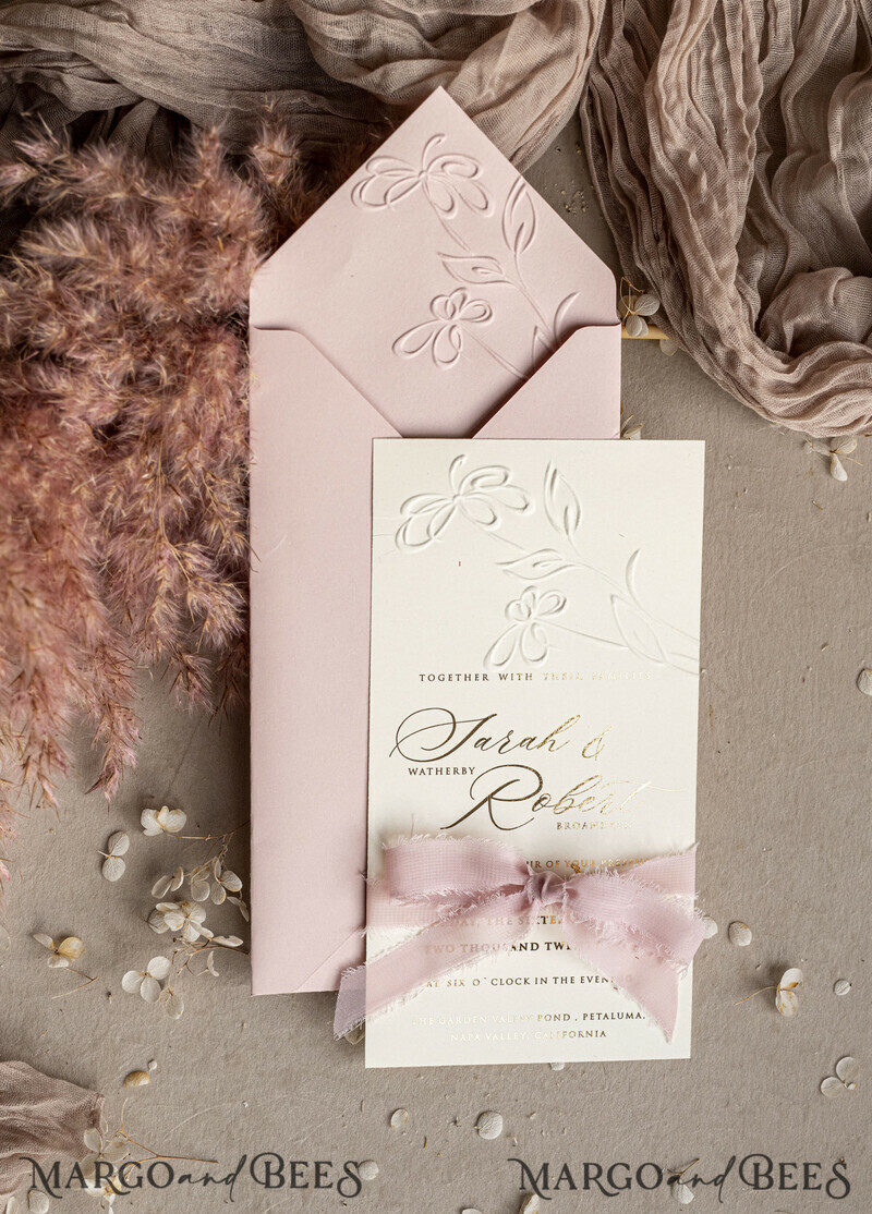 Blush Pink is a beautiful and romantic color that is perfect for a wedding. It is a vivid and bold hue that can be used to create a distinguished look. Blush Pink is a beautiful and romantic color that is perfect for a wedding. It is a vivid and bold hue that can be used to create a distinguished look. Personalised Embossed Blind Blush Pink Gold Wedding Invitation.-18