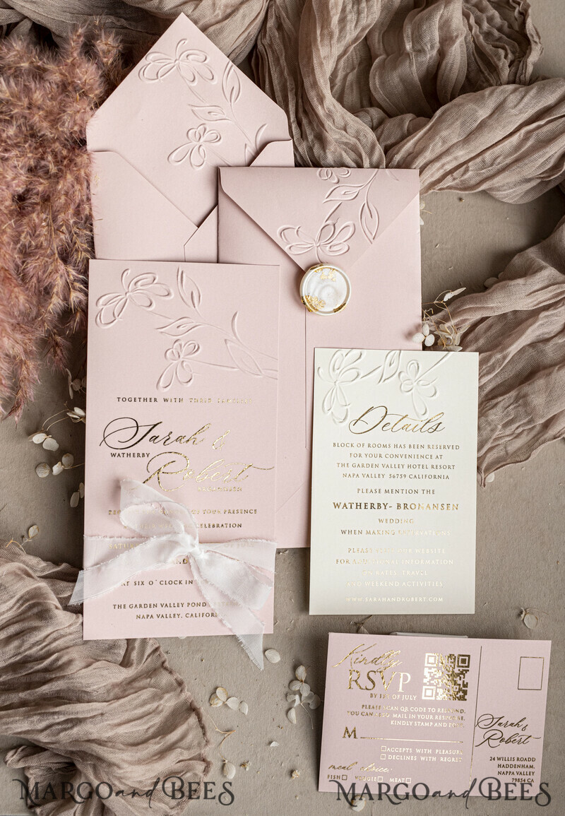 Blush Pink is a beautiful and romantic color that is perfect for a wedding. It is a vivid and bold hue that can be used to create a distinguished look. Blush Pink is a beautiful and romantic color that is perfect for a wedding. It is a vivid and bold hue that can be used to create a distinguished look. Personalised Embossed Blind Blush Pink Gold Wedding Invitation.-0