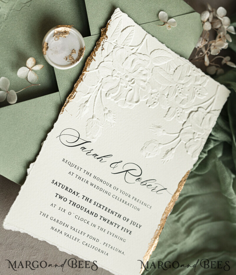 Sage green wedding. Personalized Embossed Sage Green Wedding Invitation with Gold Accent, Cotton Paper Wedding Invitation Package, Wedding Invitations with Torn Gold Edge-1