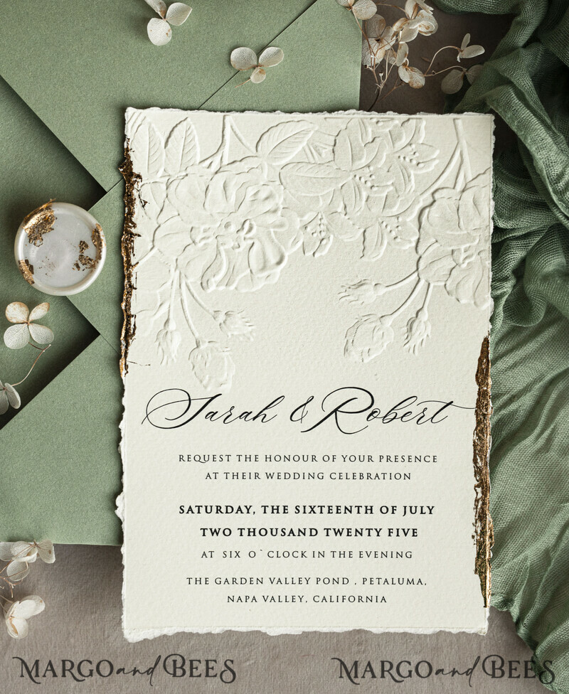 Sage green wedding. Personalized Embossed Sage Green Wedding Invitation with Gold Accent, Cotton Paper Wedding Invitation Package, Wedding Invitations with Torn Gold Edge-2