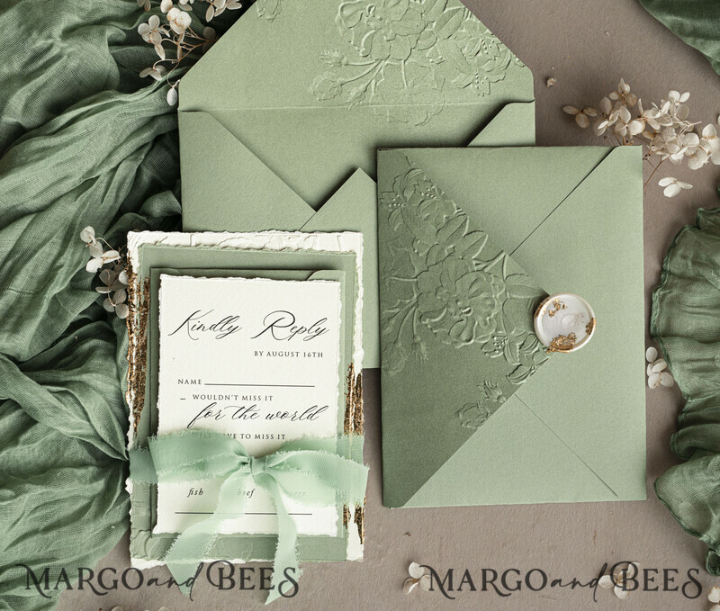 Sage green wedding. Personalized Embossed Sage Green Wedding Invitation with Gold Accent, Cotton Paper Wedding Invitation Package, Wedding Invitations with Torn Gold Edge-11
