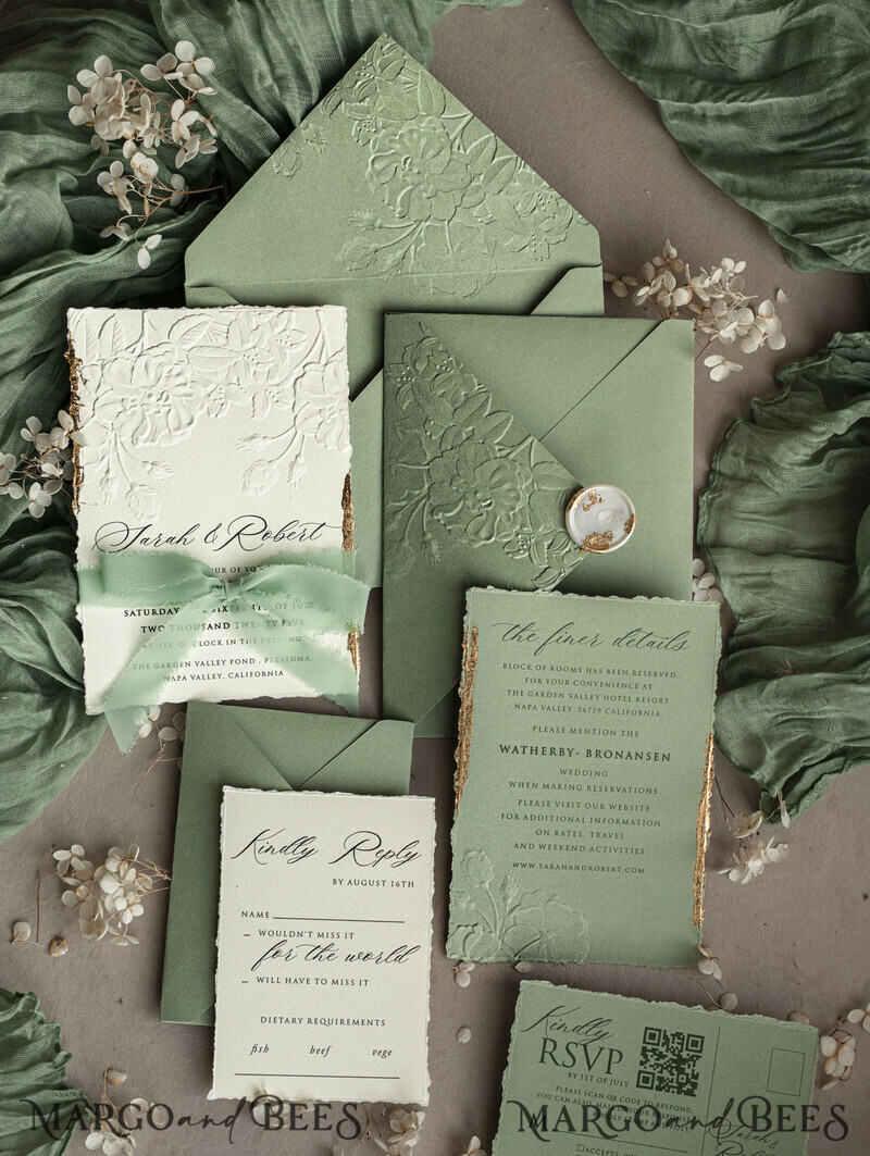 Sage green wedding. Personalized Embossed Sage Green Wedding Invitation with Gold Accent, Cotton Paper Wedding Invitation Package, Wedding Invitations with Torn Gold Edge-12