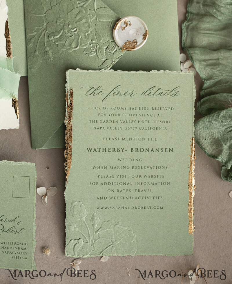 Sage green wedding. Personalized Embossed Sage Green Wedding Invitation with Gold Accent, Cotton Paper Wedding Invitation Package, Wedding Invitations with Torn Gold Edge-13