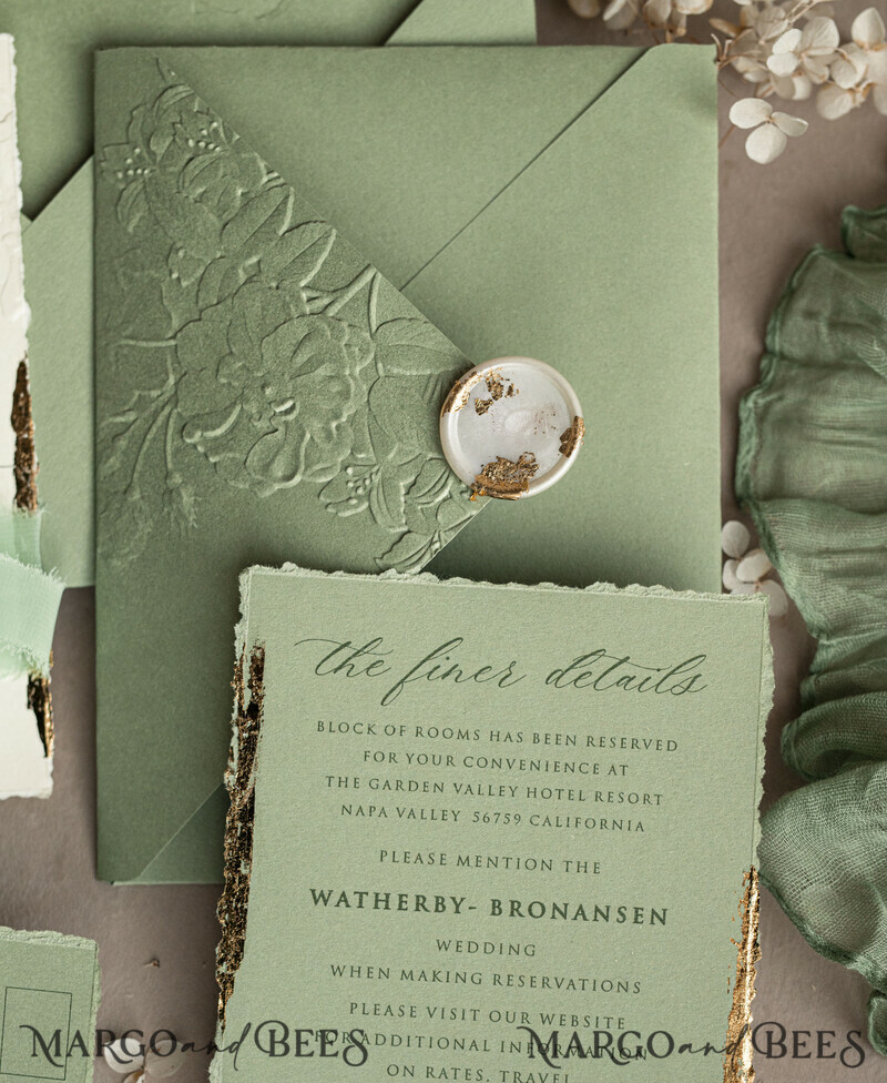 Sage green wedding. Personalized Embossed Sage Green Wedding Invitation with Gold Accent, Cotton Paper Wedding Invitation Package, Wedding Invitations with Torn Gold Edge-14